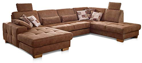Cavadore Wohnlandschaft Puccino mit Federkern, Bettfunktion, Sitztiefenverstellung und 2 Kopfstützen / Sofa in U-Form im Landhausstil / 340 x 86 x 224 cm / Mikrofaser hellbraun