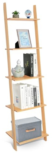 HYNAWIN Wall Leaning Ladder Shelf Bookcase,5-Tier Bamboo Storage Rack Shelvest,FreeStanding Plant Stand, Corner Display Shelves for Living Room, Bathroom, Kitchen, Office(65in)