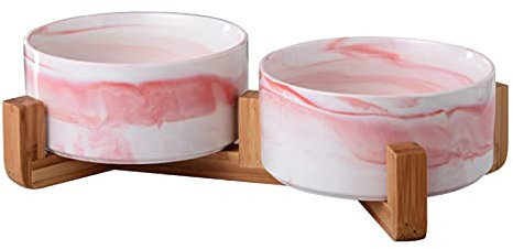 SP SEMPRE + Bols pour chiens et chats en céramique relevés avec supports en bambou, bols relevés en céramique avec supports en bois (doubles 15,5 cm, marbre rose)