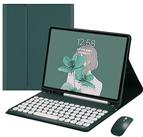YEEHi Keyboard Case Mouse for iPad 9th 8th 7th Generation 10.2 inch, Air 3rd Gen, iPad Pro 10.5 inch Case with Cute Round Key Bluetooth Detachable Color Keyboard Cover (DarkGreen)