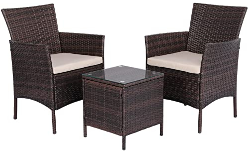 Yaheetech Balkonmöbel Set 3-teilig Poly Rattan Gartenmöbel Gartensitzgruppe Polyrattantisch und 2 Stühle mit Sitzkissen, Braun