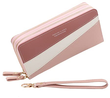 Yibingkea Portafoglio da donna in pelle PU con doppia cerniera portamonete da donna grande capacità portafoglio per telefono con più slot per carte da polso (Pink1)