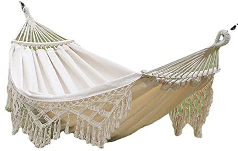 WSZGR Hammock, Cotton Canvas Double Camping with Brazilian Tassels, Fringe Crochet, Spreader Bar, Carrying Bag, White