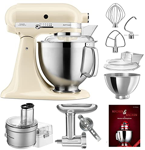 KitchenAid Küchenmaschine Artisan - P24 Food Processor Set Spezial 185er (M) - 5KSM185PSEAC inkl. Food Processor Vorsatz (5KSM2FPA), Fleischwolf Ganzmetall (5KSMMGA) und Kochbuch (Kochen & Backen)