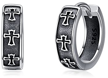 Kreuz Creolen Herren 925 Sterling Silber Kleine Schwarz Schlafen Klapp Ohrringe Ohrschmuck Geschenk für Männer Frauen