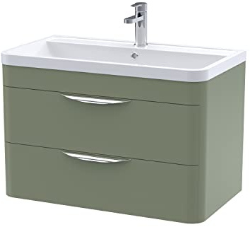 nuie FPA805 Parade Modern Bathroom Wall Hung 2 Drawer Vanity Basin Cabinet with Polymarble Basin, 800mm, Satin Green