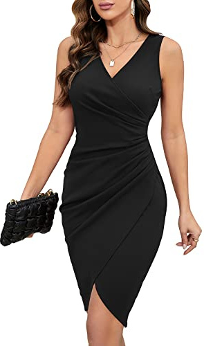 IHOT Women's Dresses for Wedding Guest Deep V Neck Sleeveless Ruched Sheath Wrap Dress Midi Funeral Work Cocktail Party Dresses for Special Occasions Black Large