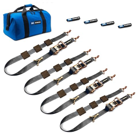 Mac’s Tire Block Strap Pack, 2 x 10' Tire Straps with VersaTie L-Track Ends, 3,335 lb. WLL - Includes Rubber Blocks, Idlers, Strap Wraps & Canvas Bag – Car Hauler Tie-Down Kit – Black