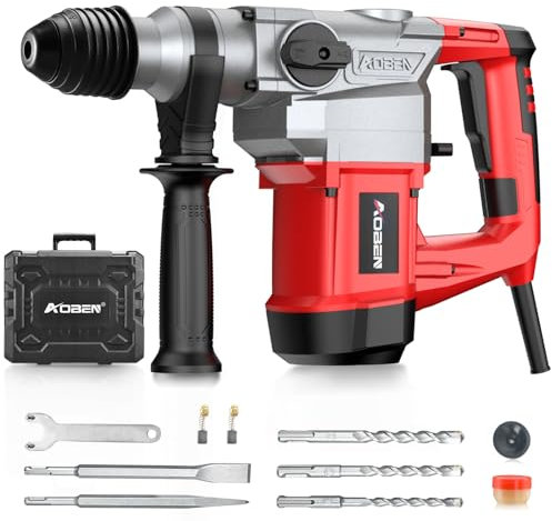 AOBEN Taladro de martillo giratorio SDS-Plus de 1-1/4 pulgadas con control de vibración y embrague de seguridad, martillo de demolición resistente de 10 amperios para hormigón, incluye 3 brocas,