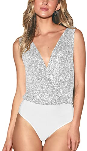Airshi Ärmelloser Glitzer-Body, Atmungsaktiver, Modischer, Eleganter, Weicher Pailletten-Body für die Bar-Party (Silber)