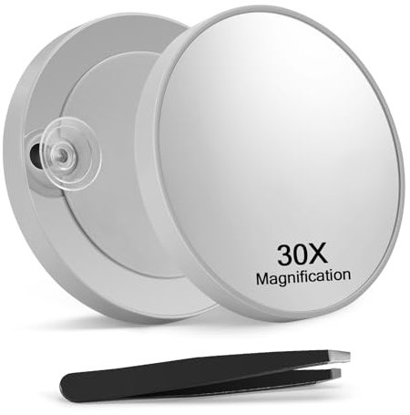 Macaki Miroir grossissant x30, grossissement 8,8 cm, miroir cosmétique et pince inclinée avec 2 ventouses, gris, 1 pièce