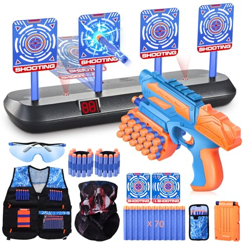 JONRRYIN Zielscheibe Spielzeug Pistole, 4 Ziele Zielscheibe Elektrisch, Zielscheibe Elektrisch mit Spielzeugpistole, Taktische Weste, 70 Foam Darts Pfeile, Licht und Sounds, Geschenk für Kinder
