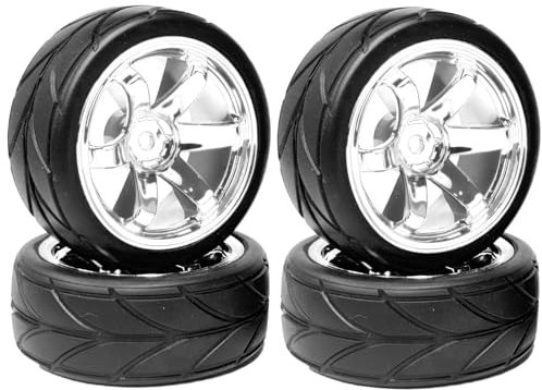 KINGCOO RC Auto Reifen und Räder Set, 4Stück 64mm Gummireifen und 6 Speichen Felgen Kunststoff Rad 12mm Hex für 1/10 RC On-Road Run-Flating Touring Racing Auto (Silber)