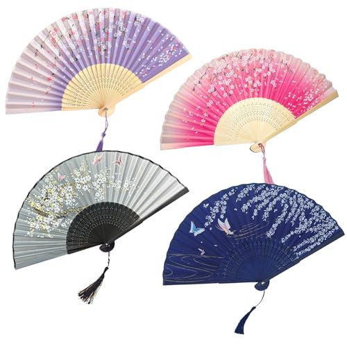 4 Pcs Sakura Folding Hand Fans Set with 4 Organza Gift Bags, Silk Bamboo Fans with Tassel, Chinese Vintage Style Handheld Folding Fans for Women, Gifts Cosplay Dancing Wedding Party Decorations