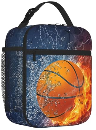 Custom Basketball Lunch Bag with Fire and Water Pattern Printed, Personalised Sports Insulated Lunch Box with Name for Boys Men, Black Cooler Thermal Meal Bag with Water Bottle Holder for Kids Adults