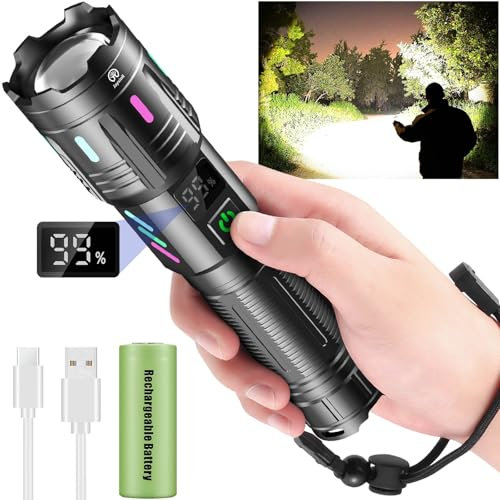Jayxinli Linternas LED Alta Potencia 500000 Lumenes, Linterna LED Recargable Con Pantalla LCD De Potencia, Linterna Largo Alcance 5 Modos De Iluminación, Zoomable