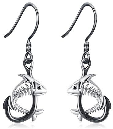 Fisch Ohrringe 925er Sterling Silber Goth Fischgräten Haken Hängend Ohrringe Gothic Punk Knochen Schmuck Geschenk Damen Mädchen Frauen Mutter Männer Unisex Fischliebhaber