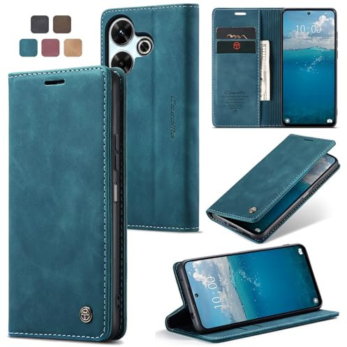 owlhold hülle Xiaomi Redmi 13 klapphülle Premium Lederhülle Weiches Vintage-Nubukleder Faltbare Ständer Schutzhülle Kartenfach Standfunktion Handyhülle für Redmi 13 / Poco M6 4G/ Note 13R 5G-Blaugrün