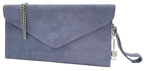Women's Italian Genuine Suede Envelope Style Clutch Handbag Evening Bag With Wristlet & Chain Strap-LILAC