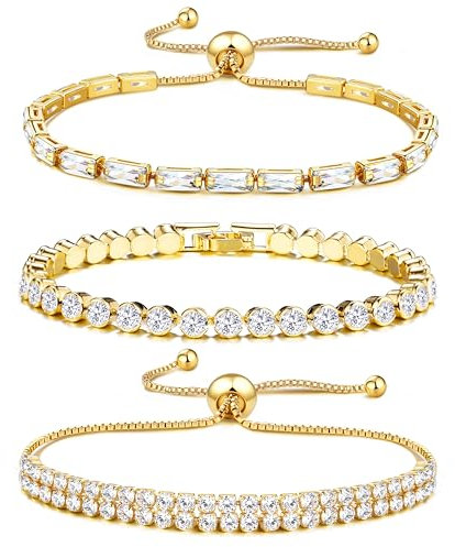 JeweBella 3 Stück Armband Damen Gold Silber Glitzer Tennis Armband Diamant Zirkonia Verstellbare Armband Stapel Tennis Armbänder Set