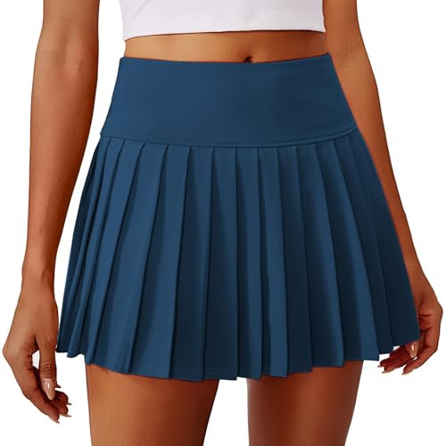 PINSPARK Damen Plissierte Tennisrock mit Taschen Hohe Taille Tennis Skort V-Bund Faltenrock Sportrock Minirock UV Schutz Röcke Hosenrock Golfrock Workout Outdoor Laufen Marineblau S