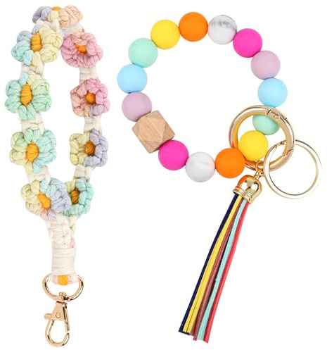 SUPECHUNYI 2 Stück Schlüsselanhänger Auto Damen Schlüsselanhänger Armband Perlen Band Makramee Schlüsselband Kurz Schlüsselbänder Keychain Geschenk für Mädchen Mama und Frauen