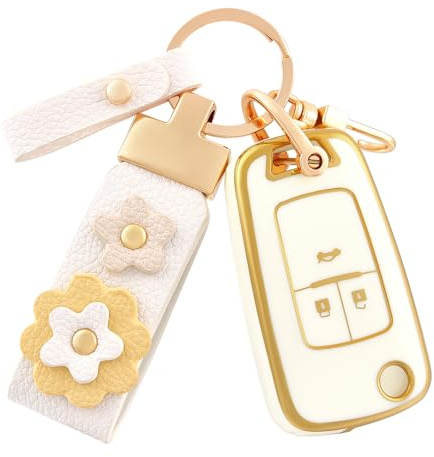 OFF WE GO Autoschlüssel Hülle Schlüsselhülle Cover für Opel Vauxhall Astra H J K Adam Insignia A Meriva B Mokka X Vectra C Zafira Mokka Schlüsselcover mit Schlüsselanhänger Schutz Gehäuse, Weiß Gold