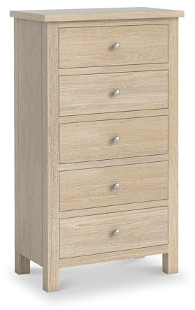 RoselandFurniture Farro XL Washed Oak 5 Drawer Tallboy Chest of Drawers | Ready Assembled, Wooden Bedroom Storage Unit, Coastal Farmhouse Style, H122cm W70cm D40cm