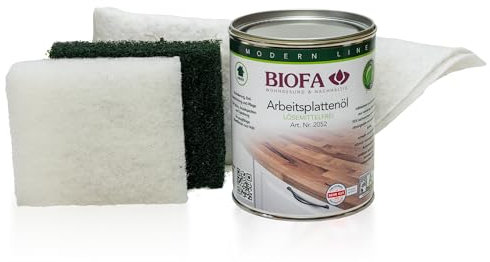 BIOFA Arbeitsplattenöl Set farblos – Natürliches Holzöl für Arbeitsplatten und Tische – Inkl. 2 Ölsaugtücher, 1 grünes und 1 weißes Handpad (transparent, 1000 ml)