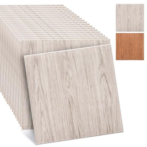 TVVCALK 20 Stück Wandpaneele Selbstklebend, 3D Wandpaneele Holzmaserung, 3D Tapete Selbstklebende Wandpaneele pvc Wasserdicht, Weiße Eiche Holzmaserung, 35x 35cm