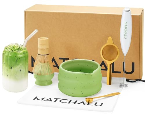 Premium 9 Piece Matcha Set Includes Ceramic Matcha Bowl, Bamboo Whisk & Holder, Stainless Steel Spoon & Sifter, Glass Cup & Straw, Electric Frother, Storage Bag - Gift for Matcha Lovers (Green)