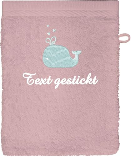 Schnoschi Waschlappen mit Namen, Text oder Motiv Bestickt, personalisiertes Handtuch, individueller Waschhandschuh, Lappen oder Gesichtstuch mit Initialen, 100% Baumwolle, 16 x 21 cm (Rosa)