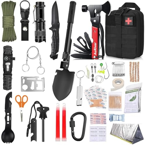 Kit de supervivencia para primeros auxilios con Hacha de Martillo Multifuncional 28 articulos distintos, Kit de Emergencia para Viajar Caminar Acampada Montaña