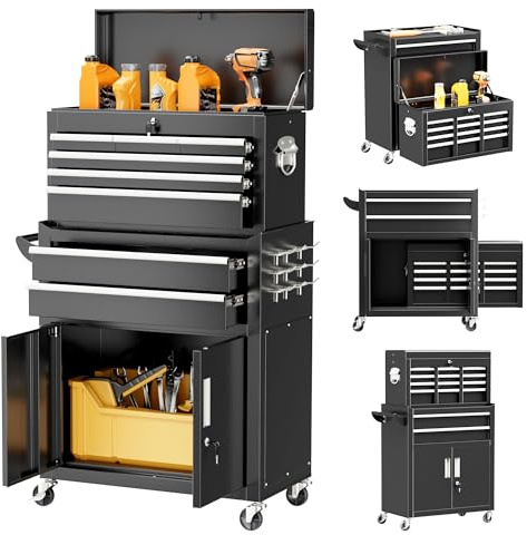 Superday Metal Tool Chest, 8 Drawer Rolling Tool Chest with Wheels, Detachable Tool Storage Cabinet with Lock for Garage, Assembled Steel Tool Cart with Liner & Hooks for Workshop, Warehouse (Black)
