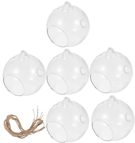 GLSTOY 6 Piezas Esferas Colgantes de Cristal Transparente para Velas Tealight Portavelas de Vidrio con Base Plana de Incluye Cuerda de Cáñamo de Diseño para Decoración Interior y
