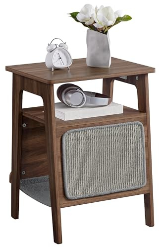 Yaheetech Cat House Side Table, 3-Tier Bedside Table with Magazine Rack, Cat Bed & Scratching Board, Living Room Bedroom, Modern Style,Walnut