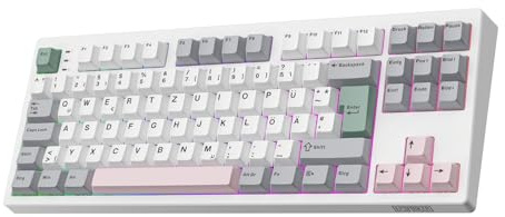 EPOMAKER TH87 ISO-DE Mechanische Tastatur Kabellos, 10000mAh, BT/2,4 GHz/Wired, TKL Gaming-Tastatur Hot Swap Custom, RGB, Gasket, für PC/Mac, Deutsches Layout (Weiß, Creamy Jade)