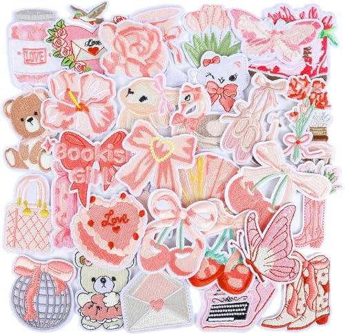 Ruispeed Pink Coquette Iron On Patches: 32 Pack Cute Girly Aesthetic Embroidery Patches for Jackets Jeans Backpacks Hats - DIY Clothing Decoration for Girls Craft