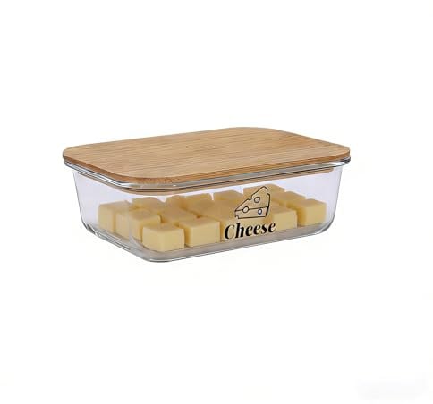 Hynorian Contenitore per formaggi frigorifero 1520 ml in vetro borosilicato con coperchio in bambù e anello in silicone come contenitore per formaggi salumi e alimenti trasparente per cucina