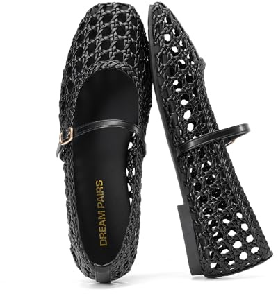 DREAM PAIRS Woven Ballet Mary Jane Flats for Women Dressy Comfortable Square Toe Ballerina Flats with Adjustable Buckle Strap for Work Casual Travel Daily,Size 7.5,Black,SDFA26006W