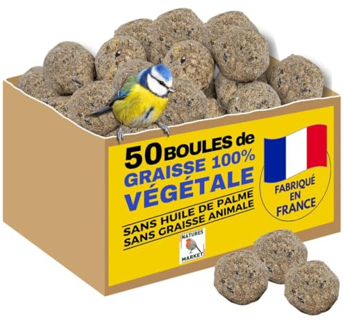 Lot de 50 Boules Graisse VÉGÉTALE pour Oiseaux du Jardin–Fabriqué en France Nourriture 100% Végétale sans Huile de Palme – – Attire Mésanges, Pics et Oiseaux (x4 cartons = 200 Boules)