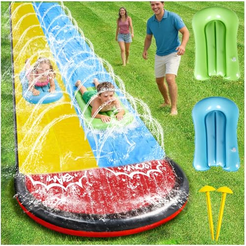 Tobogán Acuático de Césped de Doble Carril de 480cm con 2 Paneles de Olas,Funciones de Rociado Incorporadas,Apto tanto para Niños como para Adultos para Actividades Acuáticas en el Jardín,Water Slide