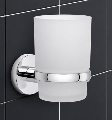 IPEA Porta Spazzolino Adesivo da Parete - Bicchiere - [ NON NECESSITA FORATURA ] - Design Moderno - Elegante Porta Spazzolini e Dentifricio da Muro da Incollare in Bagno, Doccia - Supporto Cromato