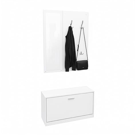 Baroni Home Mobile Bianco Ingresso 3 Pezzi con Scarpiera, Appendiabiti a Muro 4 Ganci e Specchio, Panca Porta Scarpe, Set Modulare Salvaspazio, 27x80x147cm