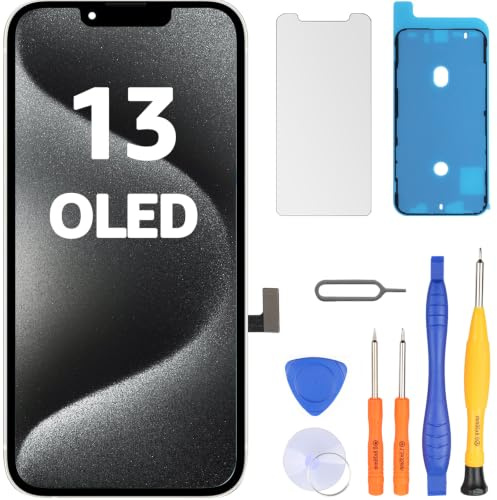 LL TRADER Display für iPhone 13 OLED 6.1 Ersatzbildschirm und Kits | OLED Retina FHD 3D Touch Digitizer Rahmenmontage mit Wasserfestem Klebeband und Displayschutzfolie (True Tone Programmierbar)