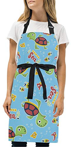 LDIYEU Tortuga Marina De Dibujos Animados De Vida Marina Schürze Küchenschürze Kochschürze mit 2 Taschen Verstellbarer Umhängeband Schürzen Latzschürze für Frauen Männer Chef Kellnerin