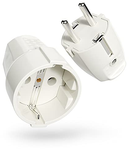 ABSINA Schuko Stecker und Kupplung 230V - PVC Schukostecker Schukokupplung mit Zugentlastung, 2-polig, 230V, 16A & 3,7kW - IP20 Schutzkontakt Stecker & Schuko Kupplung weiß für Innenbereich
