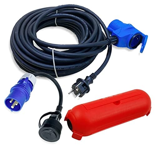 CEE Adapterleitung Set 15m Winkelkupplung an Schuko Stecker + CEE Adapter Kabel u. Schutzbox rot - H07RN-F 3x2,5mm² 230V 16A Stromadapter - Camping-Kabel Set für Wohnmobil Wohnwagen Boot
