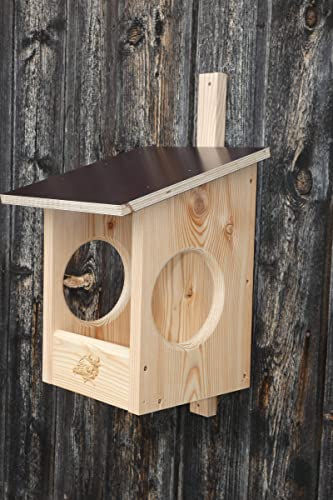 Premium Natur Lärchenholz Nistkasten unbehandelt nach Nabu, massives Vogelhaus Nisthilfe wetterfest 18mm stark verschraubt, mit Befestigungsmaterial (Baumschonende Alunägel) (Nistkasten Amsel)