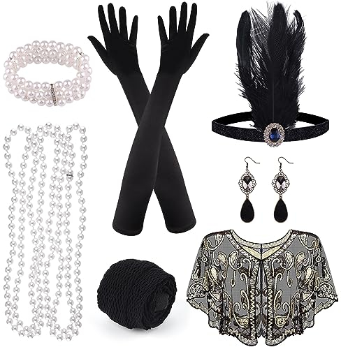 PLULON 10-teiliges 1920er Flapper Great Gatsby Accessoires-Set Fashion Roaring 20's Theme mit Stirnband, Kopfbedeckung, langen schwarzen Handschuhen, Halskette, Ohrringen für Frauen (Black Gold)